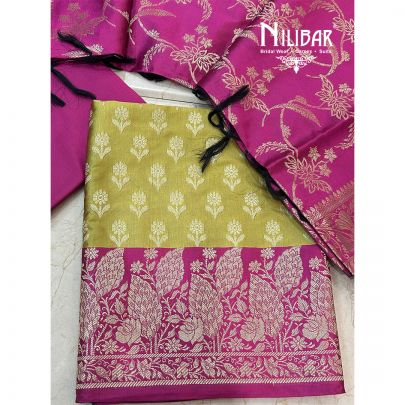 Mehandi Green & Dark Pink Banarasi Silk Unstitched Suit