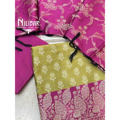 Mehandi Green & Dark Pink Banarasi Silk Unstitched Suit