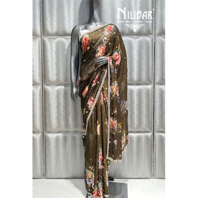 Olive Green Chiffon Printed Saree