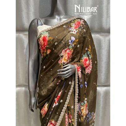 Olive Green Chiffon Printed Saree