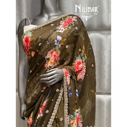 Olive Green Chiffon Printed Saree