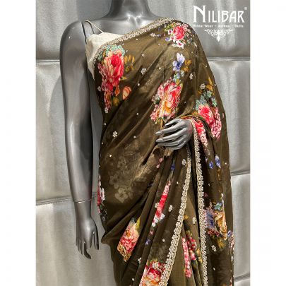 Olive Green Chiffon Printed Saree