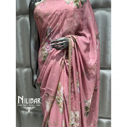 Pink Chiffon Printed Saree