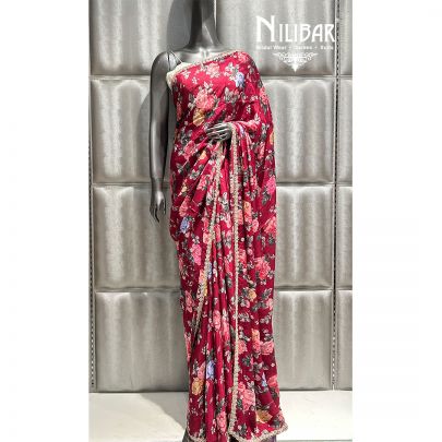 Burgundy Chiffon Printed Saree