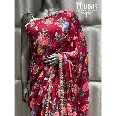 Burgundy Chiffon Printed Saree