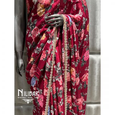 Burgundy Chiffon Printed Saree