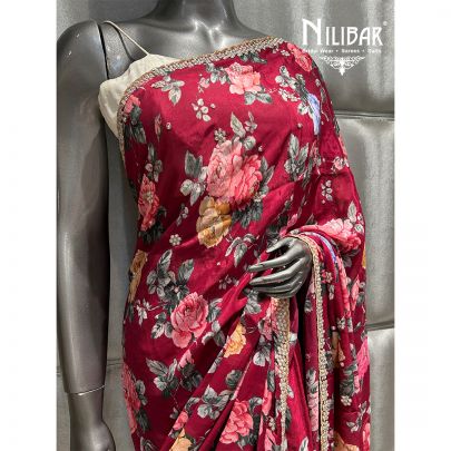 Burgundy Chiffon Printed Saree