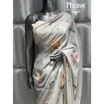 Light Gray Chiffon Printed Saree