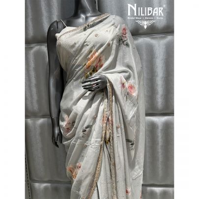 Light Gray Chiffon Printed Saree