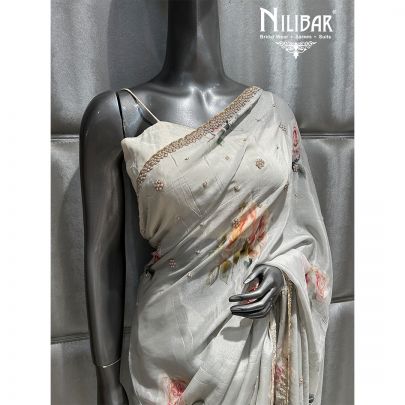 Light Gray Chiffon Printed Saree