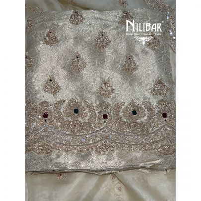 Ivory Banarasi Silk Unstitched Suit Paired With Organza Dupatta