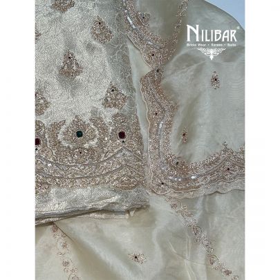 Ivory Banarasi Silk Unstitched Suit Paired With Organza Dupatta