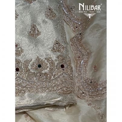 Ivory Banarasi Silk Unstitched Suit Paired With Organza Dupatta