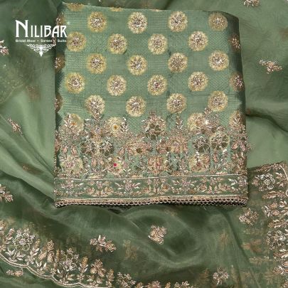 Green Banarasi Silk Unstitched Suit Paired With Organza Dupatta