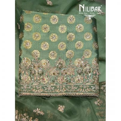 Green Banarasi Silk Unstitched Suit Paired With Organza Dupatta