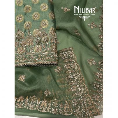 Green Banarasi Silk Unstitched Suit Paired With Organza Dupatta