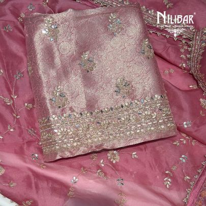 Light Pink Banarasi Silk Unstitched Suit Paired With Organza Dupatta