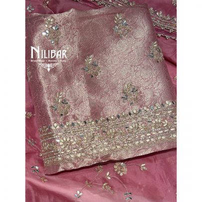 Light Pink Banarasi Silk Unstitched Suit Paired With Organza Dupatta