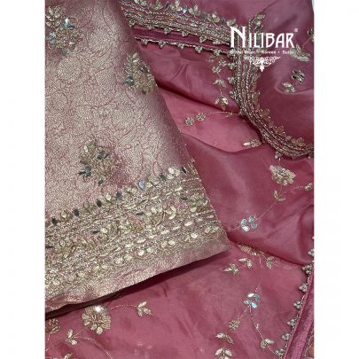 Light Pink Banarasi Silk Unstitched Suit Paired With Organza Dupatta