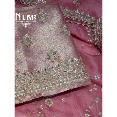 Light Pink Banarasi Silk Unstitched Suit Paired With Organza Dupatta