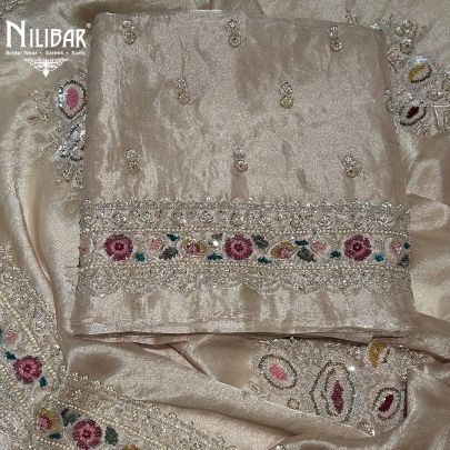 Beige Organza Silk Unstitched Suit