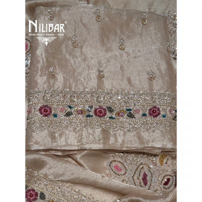 Beige Organza Silk Unstitched Suit