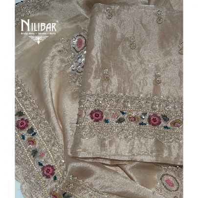 Beige Organza Silk Unstitched Suit