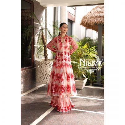 Salmon Pink Net and Georgette Palazzo Suit's