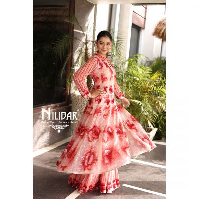Salmon Pink Net and Georgette Palazzo Suit's
