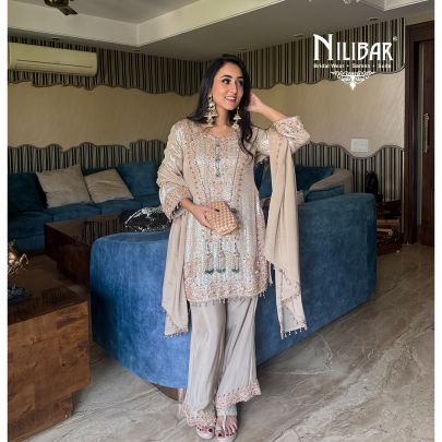 Hashmeen Kaur In Our Champagne Beige Chinon Suit Paired With Matching Dupatta