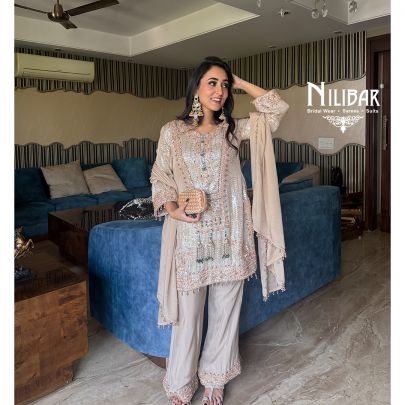 Hashmeen Kaur In Our Champagne Beige Chinon Suit Paired With Matching Dupatta