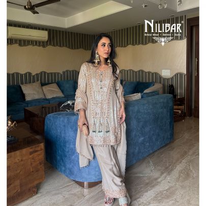 Hashmeen Kaur In Our Champagne Beige Chinon Suit Paired With Matching Dupatta