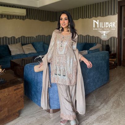 Hashmeen Kaur In Our Champagne Beige Chinon Suit Paired With Matching Dupatta