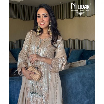 Hashmeen Kaur In Our Champagne Beige Chinon Suit Paired With Matching Dupatta