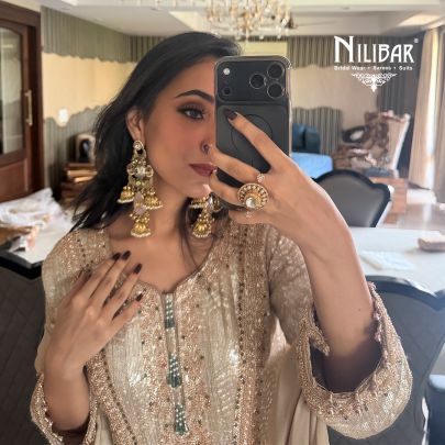 Hashmeen Kaur In Our Champagne Beige Chinon Suit Paired With Matching Dupatta