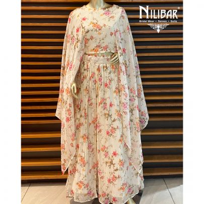 White Chiffon Printed Palazzo Set