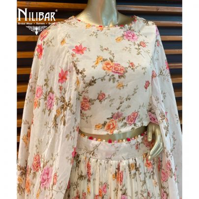White Chiffon Printed Palazzo Set