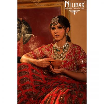mehroon Silk and Chinon Bridal  Lehenga