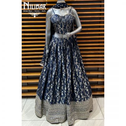 Dark Blue Silk Banarasi Weave Lehenga