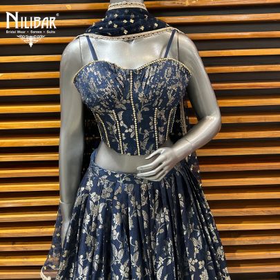 Dark Blue Silk Banarasi Weave Lehenga