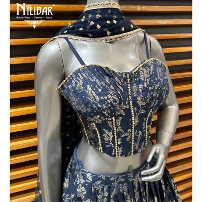 Dark Blue Silk Banarasi Weave Lehenga
