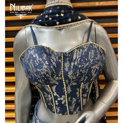 Dark Blue Silk Banarasi Weave Lehenga