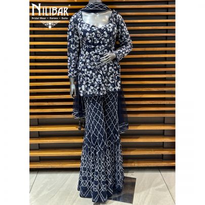 Blue Net Bell Bottom Pant Suit Set