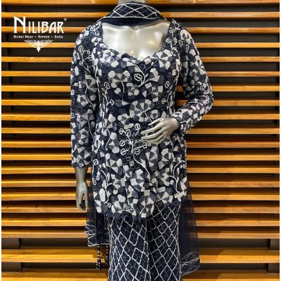 Blue Net Bell Bottom Pant Suit Set