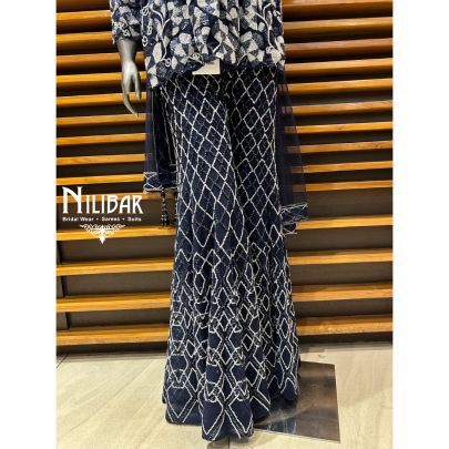 Blue Net Bell Bottom Pant Suit Set