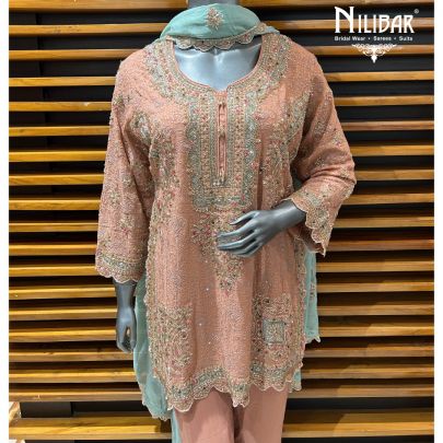 Peach & Sky Blue Georgette Pant Suit Set