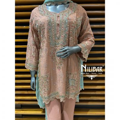 Peach & Sky Blue Georgette Pant Suit Set