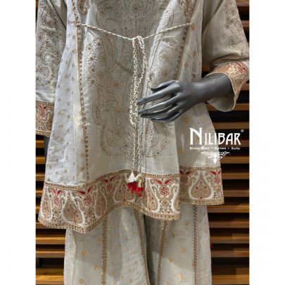 Off White Lamé Silk Chogha Suit Set