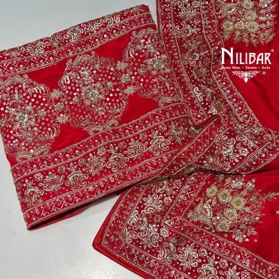 Red Crepe Unstitched Suit Paired With Chinon Dupatta