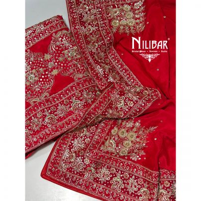 Red Crepe Unstitched Suit Paired With Chinon Dupatta
